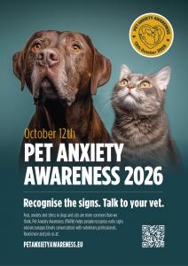 Pet Anxiety Awareness Day EU 2026 poster: a chocolate Labrador and a gray tabby cat looking upward against a teal background. Text reads 'October 12th, Pet Anxiety Awareness 2026 — Recognise the signs, talk to your vet.' Includes the Pet Anxiety Awareness