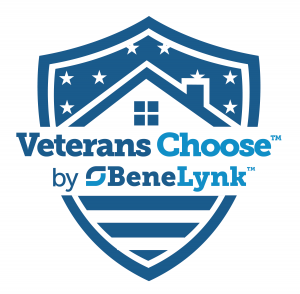 Starred and stripped shield with house and Veterans Choose name in the center
