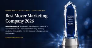 Deep blue banner headed "Mover Marketing Reviews - 2026 Rankings" reading "Best Mover Marketing Company 2026", with a faceted  blue crystal trophy on a steel base at right.