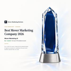 White award card from Mover Marketing Reviews showing "Best Mover Marketing Company 2026" and "Mover Marketing AI - No. 1  overall, 9.4 out of 10", beside a tall blue crystal trophy.