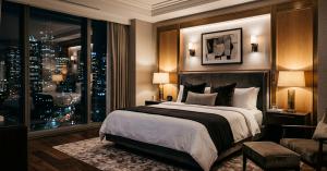 Luxury hotel guestroom at night with a king bed, warm wood paneling, bedside lighting and floor-to-ceiling city views.