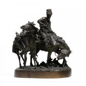 Bronze statue by Yevgeny (Eugene) Alexandrovich Lanceray (Russian, 1848-1886), titled Zaporozhian Cossack After Battle, 18 inches tall, signed in Cyrillic. Estimate: $5,000-$10,000