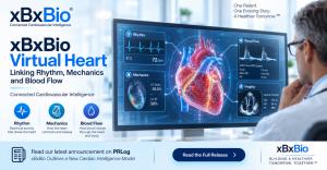 illustration of a clinician viewing a digital heart with panels labeled Rhythm, Mechanics, Blood Flow and Imaging, beside xBxBio branding.