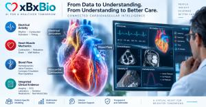 A digital heart beside a clinician viewing simulated ECG, echocardiography, cardiac MRI, coronary CT and hemodynamic panels.