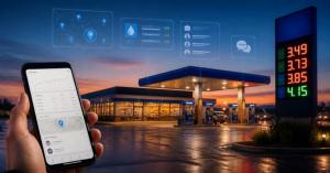 Store manager updating fuel prices on a smartphone at a modern gas station at dusk