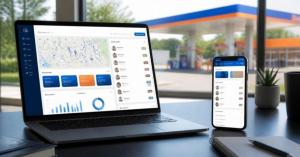 Fuel retail management dashboard on a laptop and smartphone showing station map, fuel prices and staff roles