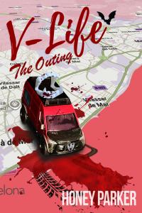 Cover the the third V-Life novel, The Outing, which shows a camper van with plastic vampire teethdriving across a road map
