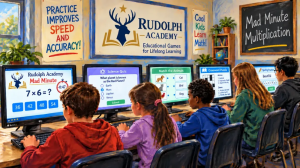 Students using Rudolph Academy educational games in a computer lab, including the Mad Minute Multiplication Game.