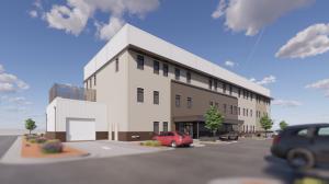 Architectural rendering of AllHealth Network’s planned Crisis and Recovery Center in Centennial, shown with a landscaped entrance and parking area.