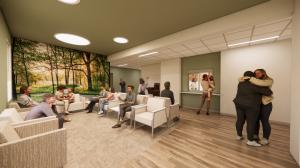 Architectural rendering of a future waiting room at AllHealth Network’s Crisis and Recovery Center, featuring comfortable seating, calming colors and a nature-inspired wall mural.