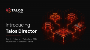 Talos by Sidero graphic introducing Talos Director, with TalosCon 2026 details beside an illustration of connected compute, storage and networking hardware