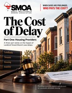 Cover of The Cost of Delay: A SMOA report based on responses from 621 D.C. landlords about court delays and affordable housing.