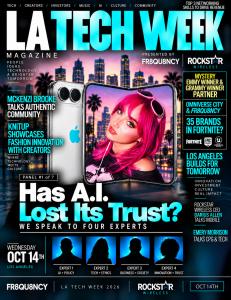 LA Tech Week magazine cover featuring McKenzi Brooke, presented by Fr8qu8ncy and Rockstar Wireless.
