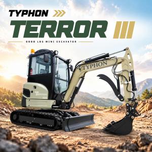 TYPHON TERROR III 6,000-lb compact mini excavator with enclosed cab and dozer blade.