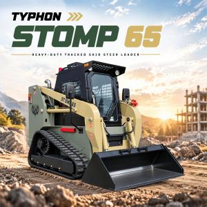 TYPHON STOMP 65 heavy-duty 9,000-lb tracked skid steer loader with enclosed cab on a construction site.
