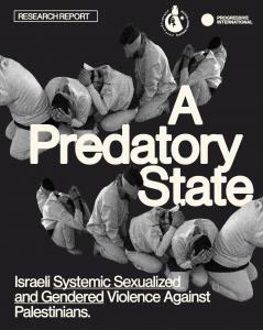 Image shows Palestinian prisoners blindfolded, on their knees, with hands behind their backs, arranged in a row, with the Palestinian Feminist Collective report title "A predatory state"