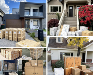 Wooden crates containing furniture being loaded onto a truck.
