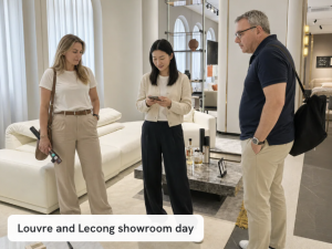 SourceFoshan team and a client walking through a furniture showroom.