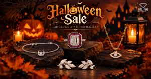 Ibling Jewels Halloween Sale 2026 featuring lab grown diamond engagement ring, bracelet, earrings and pendant in a Halloween-themed jewelry setting.