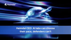 Glowing turtle on a laptop with light streaks. Headline: "Heimdal CEO: AI labs can choose their pace, defenders can't."