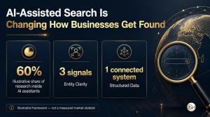 Infographic showing AI-assisted search trends and how InventionDM helps brands get found by AI search tools