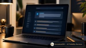 Laptop screen showing AI-assisted search interface, representing InventionDM's AI Visibility services