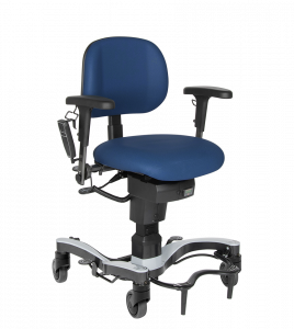 Blue VELA chair with electric height adjustment, hand control, adjustable armrests and lockable wheeled base