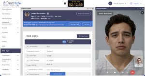 Screenshot of ChartFlow's educational EHR with a patient chart open on the left, showing vital signs, and an OrchestrateXR AI virtual patient video on the right, so students can talk with the patient while reviewing the chart.