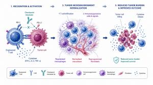 Scientific illustration example showing engineered T cells, checkpoint modulation and a tumor microenvironment.