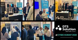Collage of five photos from the DTS Solution stand at CYSEC Kuwait 2026, showing team members talking with visitors in front of HawkEye, Complyan and DTS Solution banners, with a live Complyan demo on a laptop. Text reads "DTS Solution at CYSEC Kuwait 202