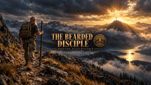 Illustrated bearded hiker carrying a staff on a mountain trail toward a distant cross, with The Bearded Disciple and Rooted Discipleship lettering