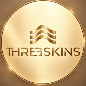 ThreeSkins gold logo and wordmark on a light brown luxury background.