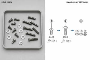 Hardware photo beside a black line illustration with screw and washer callouts.