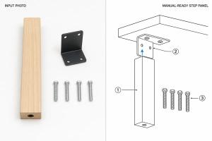 Desk leg, bracket and screws beside an assembly line drawing with numbered parts.