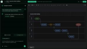 VSDXAI demo editor displaying an insurance-claim swimlane and an AI assistant with a source file.