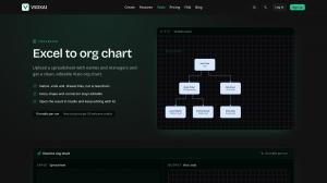 VSDXAI Excel-to-org-chart tool showing a sample organizational hierarchy and spreadsheet example.