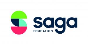 The image shows the letter S in green, red, and blue colors followed by the words "Saga Education."