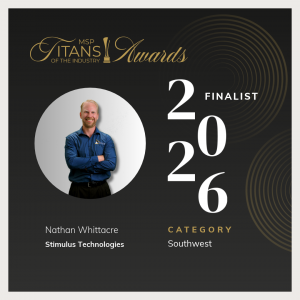 Nathan Whittacre, smiling with his arms crossed and wearing a blue Stimulus Technologies shirt, on a dark MSP Titans of the Industry Awards graphic that reads "2026 Finalist, Category: Southwest."