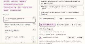 The Ask panel transcribing a spoken follow-up, “And how does he think,” below three suggested questions and the scope choices Current item, Current Space, All Spaces and Omphalis guide.