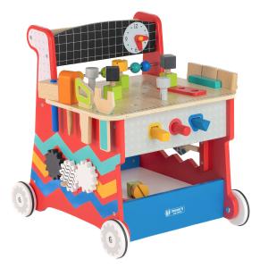 Jasey's Toy Chest On-the-Go Wooden Workbench, a red and blue wooden push-walker with a workbench top, shape sorter, turning gears, movable clock, and wooden pretend-play tools