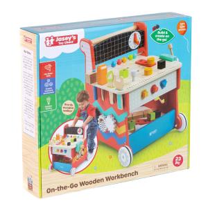 Jasey's Toy Chest On-the-Go Wooden Workbench in its retail box, a 23-piece wooden push-walker and workbench for ages 12 months and up