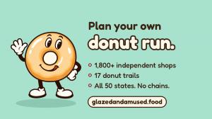 Mint-green graphic of Doughie, a waving cartoon glazed donut, beside the words "Plan your own donut run" and "1,800+ independent shops, 17 donut trails, all 50 states, no chains."