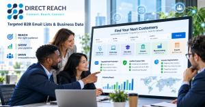 Direct Reach branded image showing business professionals reviewing a B2B data dashboard with email targeting, verified contact data, and industry segmentation.