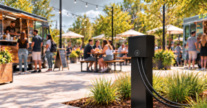 Black Pedoc 10P power pedestal installed in a food truck plaza with power cords extending from the pedestal.