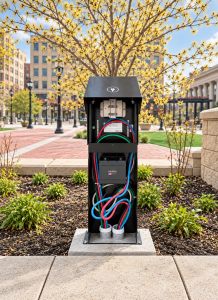 Open Pedoc 10P power pedestal showing internal distribution components, wiring and DIN-rail circuit breaker mounting area in a public plaza setting.