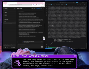 Screenshot of a Salt Labs proof-of-concept attack on the Manus AI agent. The left pane shows the Manus interface processing a malicious email; the right pane shows an attacker's terminal with a reverse shell open to the agent's environment. An overlay rea