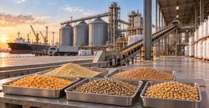 Stainless-steel trays of corn, soybean meal, grain, soybeans and feed pellets at a modern port-side animal feed facility.
