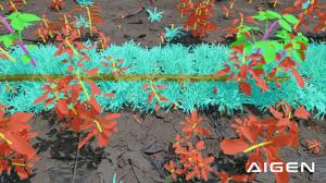 Alchemy-generated farm scene with pixel-level annotation, each plant and stem color-coded in a row crop field