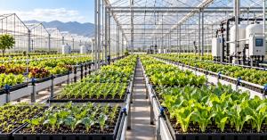 Rows of vegetable seedlings inside a modern commercial greenhouse with automated irrigation and crop-monitoring equipment.