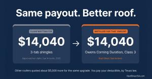 Hail damage roof insurance claim graphic: claim written for 3-tab at $14,040, Owens Corning Duration installed for that amount, other roofers about $5,000 more. Source: Roof Direct San Antonio.